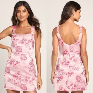 Size L - NWOT Lulus‎ Brighter Side Pink Floral Satin Jacquard Mini Dress